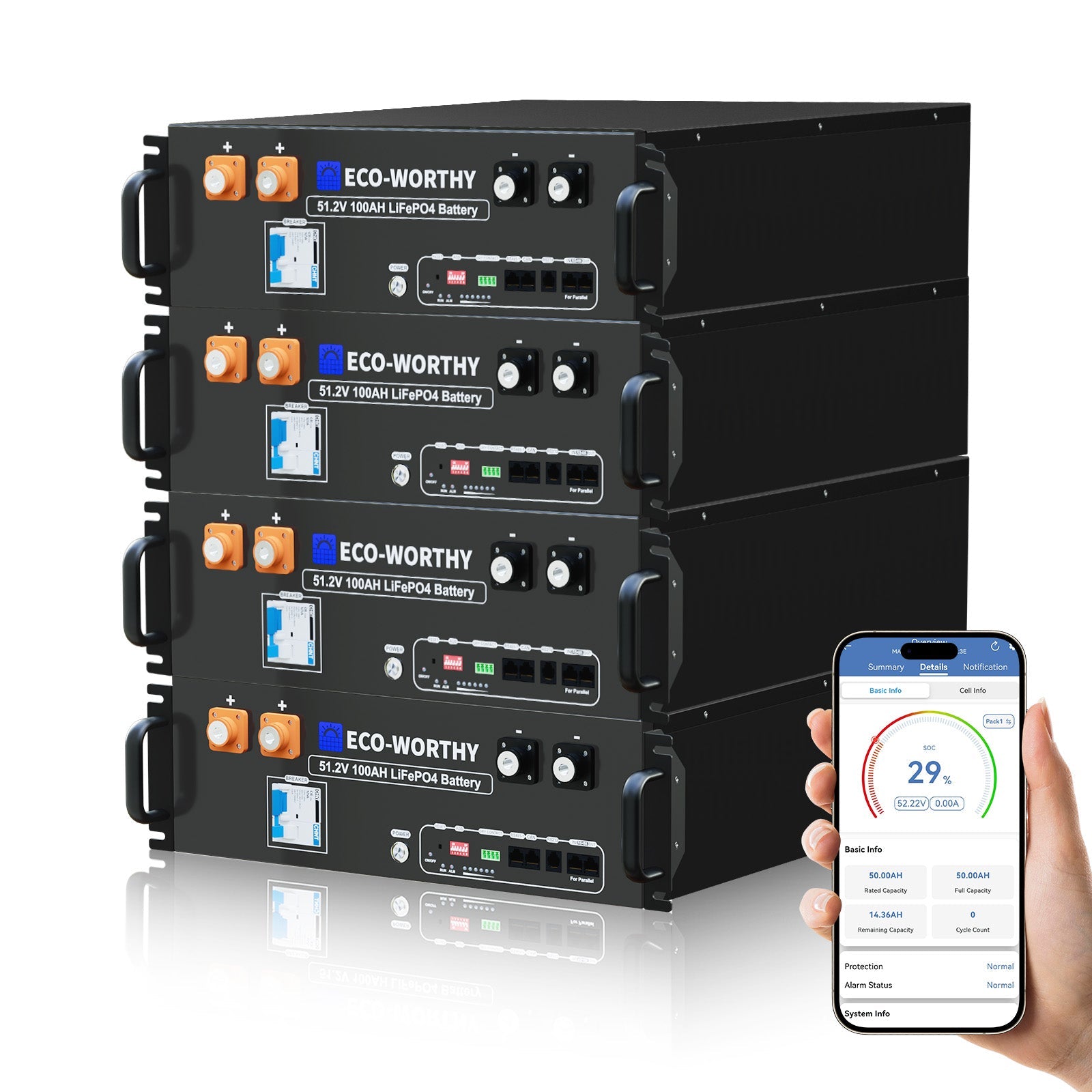 Stack of ECO - WORTHY 48V(51.2V) 100Ah LiFePO4 Server Rack Batteries with a smartphone displaying battery information on a white background