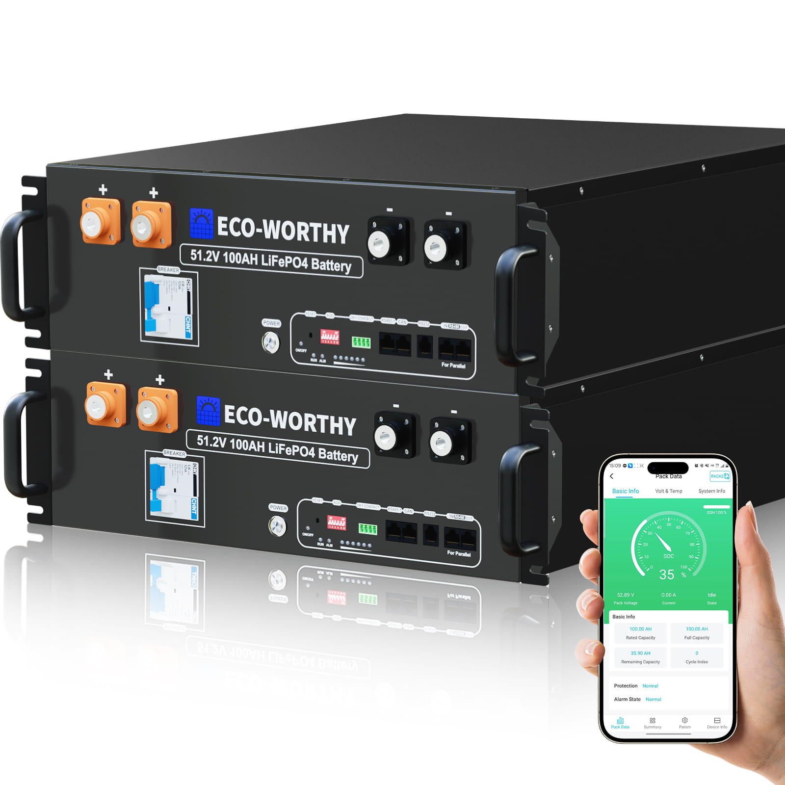 ECO - WORTHY 48V(51.2V) 100Ah LiFePO4 Server Rack Battery,3U Size With Bluetooth & Wifi(V3) - lithium battery