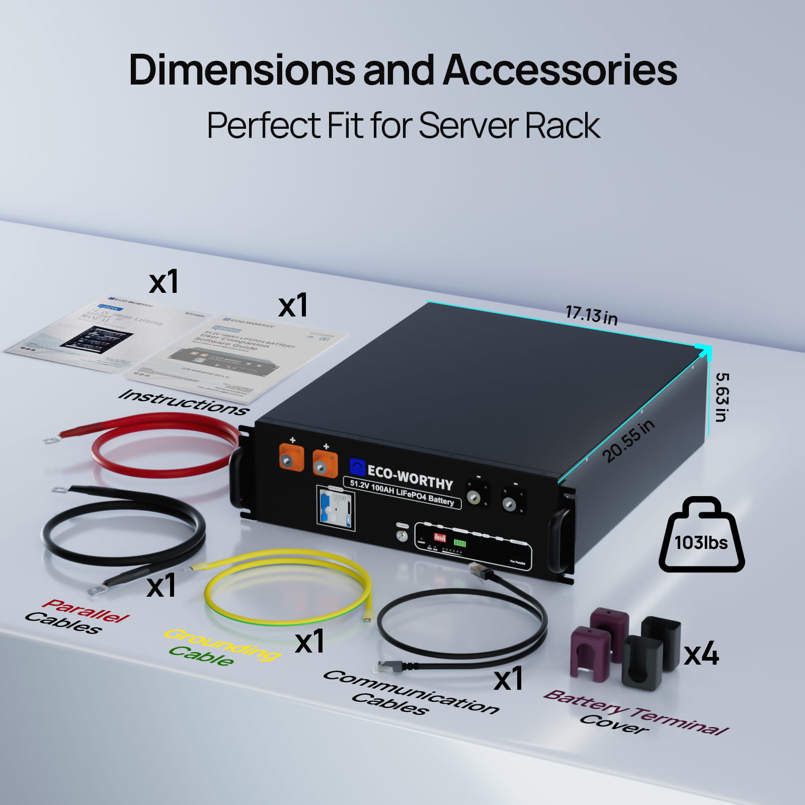ECO - WORTHY 48V(51.2V) 100Ah LiFePO4 Server Rack Battery,5.12kWh Battery Capacity With Bluetooth & Wifi(V3),Buy Battery Get A Free Monitor - lithium battery
