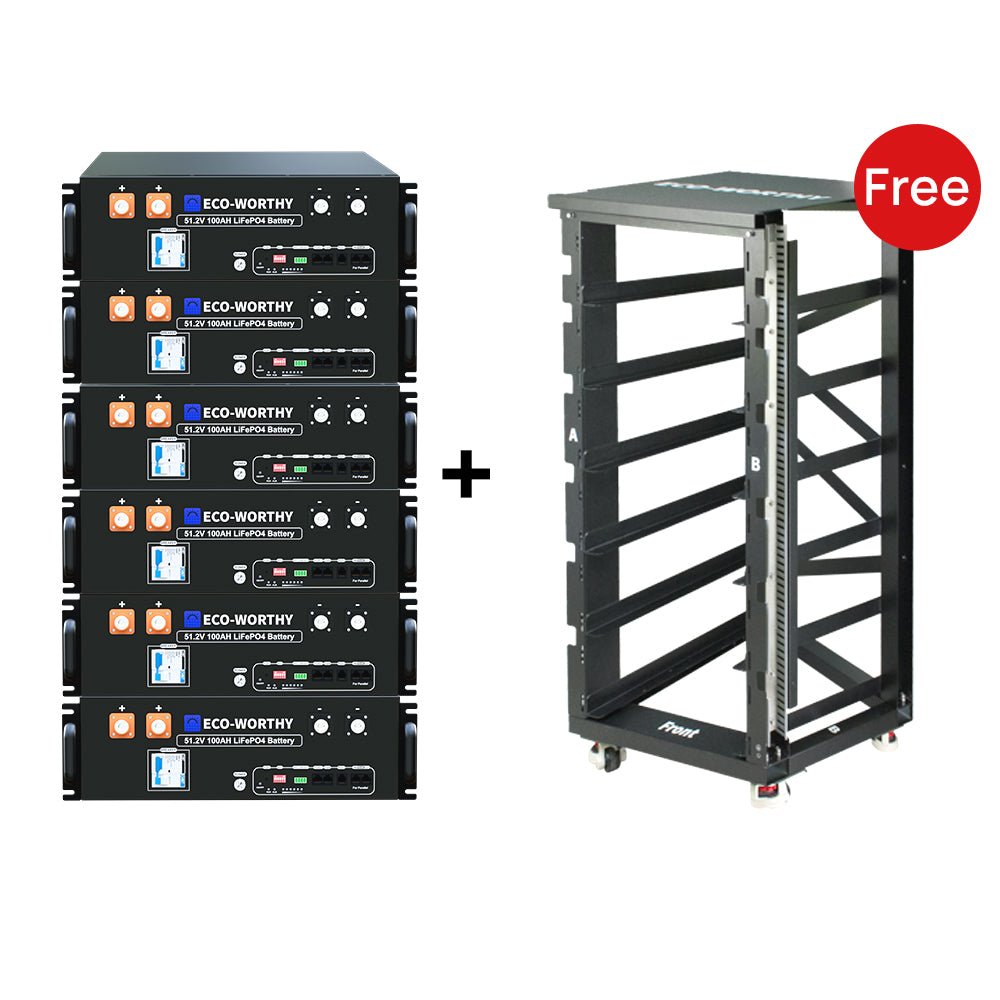 ECO-WORTHY 48V(51.2V) 100Ah LiFePO4 Server Rack Battery system with a free battery rack on a white background