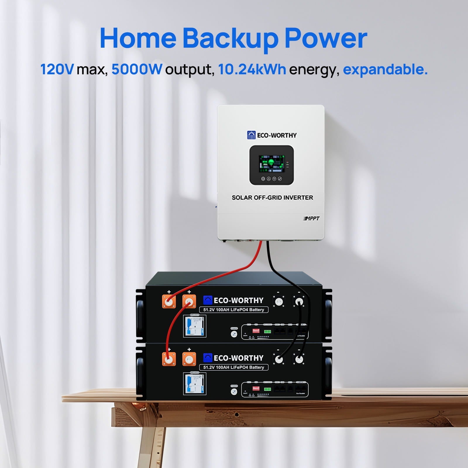 Eco-Worthy home backup power system with inverter and battery on a wooden surface against a white curtain background.