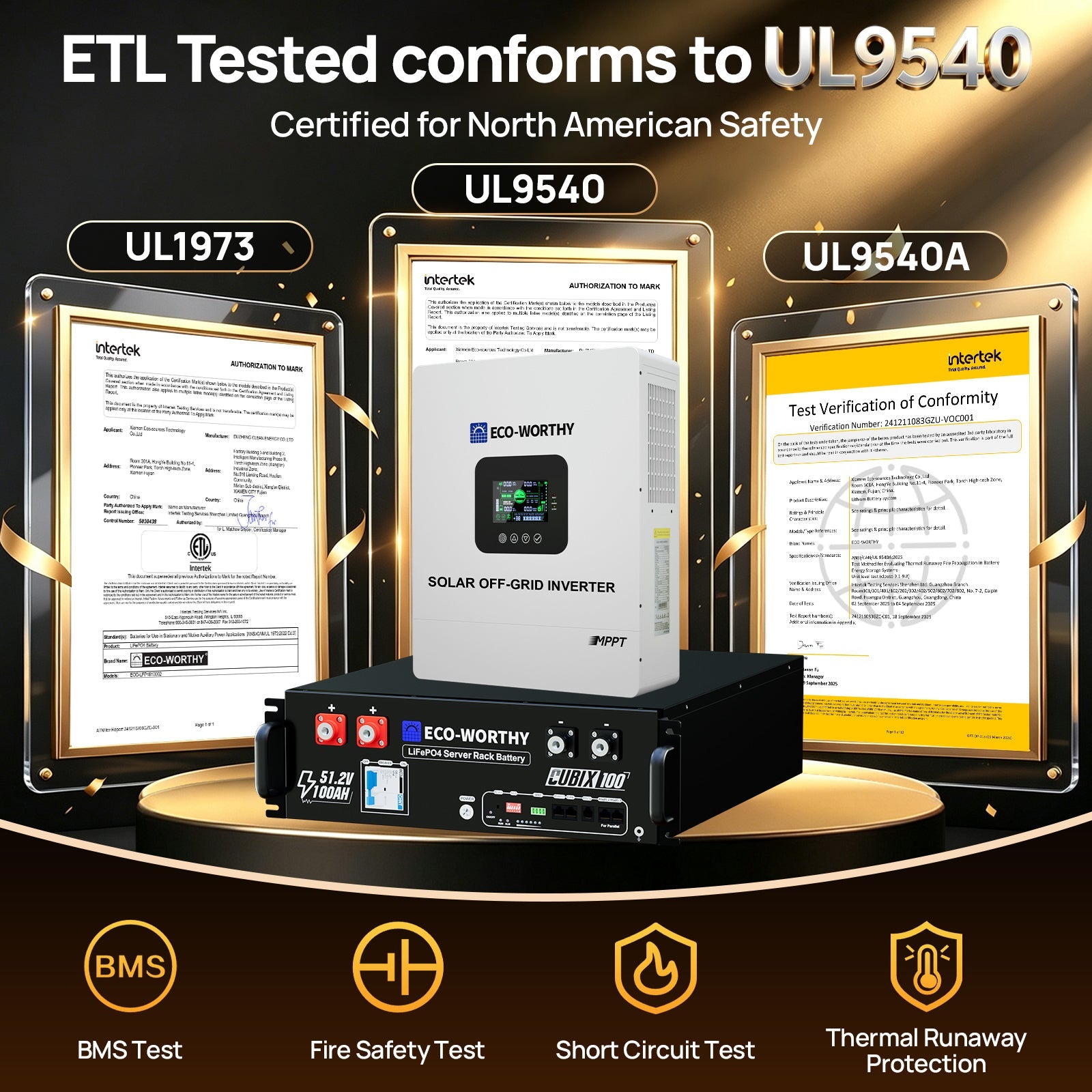 ECO-WORTHY solar off-grid inverters shown in a promotional graphic, including a black inverter unit in the foreground and white inverter boxes behind it inside framed certification documents labeled UL9540, UL1973, and UL9540A. Text at the top states ETL tested conforms to UL9540 and certified for North American safety.