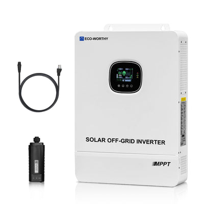 10kW solar off-grid inverter with cable and battery on a white background