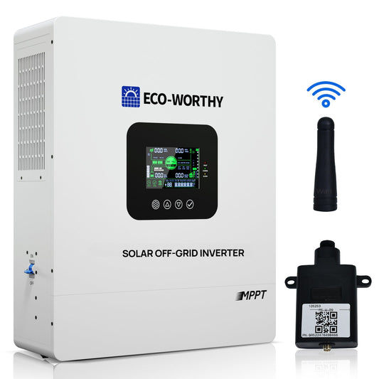 Eco-Worthy solar off-grid inverter with a small black device on a white background