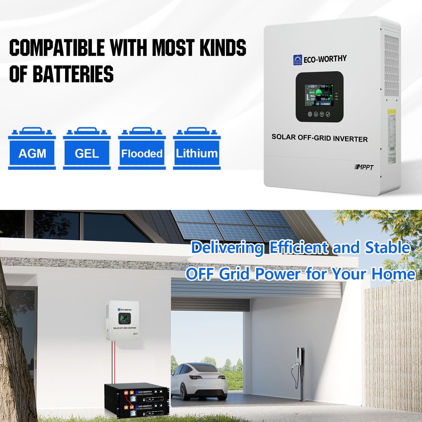 Solar off-grid inverter with compatibility text and battery types on a white background