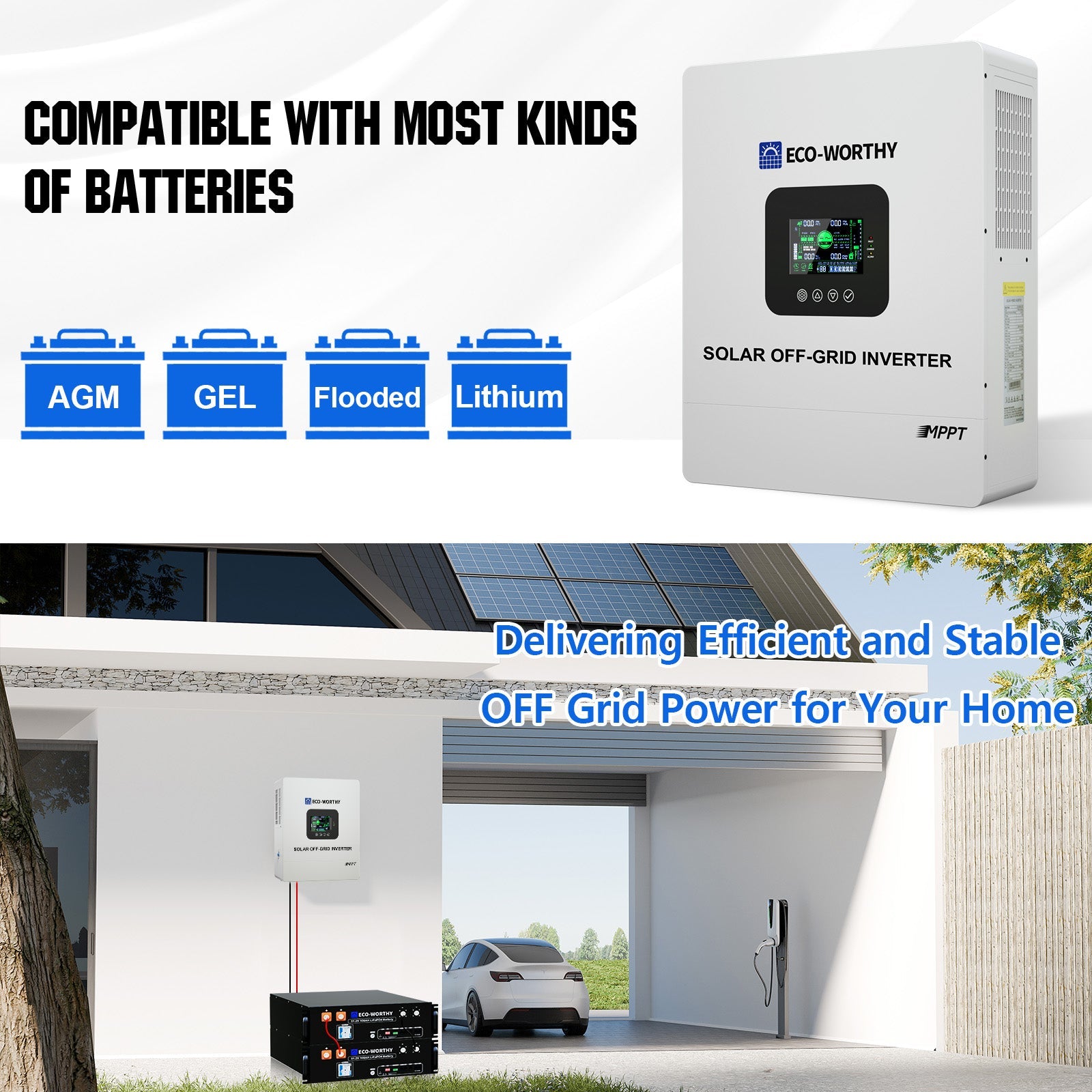 Solar off-grid inverter with compatibility text and battery types on a white background