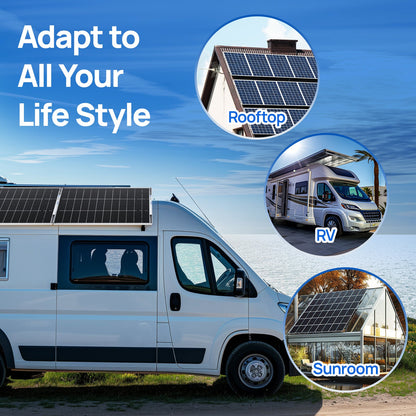 White motorhome with solar panels on the roof and side, shown outdoors with three circular inset photos demonstrating solar panels on a rooftop, an RV, and a sunroom. Large text reads 'Adapt to All Your Life Style'.