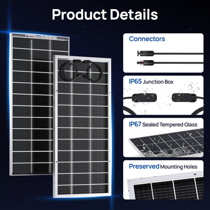 Product details graphic for solar panels showing two dark blue solar panels with white frames, along with callout insets for connectors, an IP65 junction box, IP67 sealed tempered glass, and preserved mounting holes on a dark blue background.