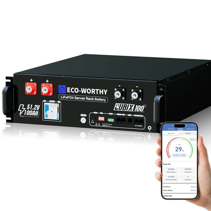 Eco-Worthy Cubix 100 LiFePO4 Server Rack Battery with smartphone displaying battery status on a white background