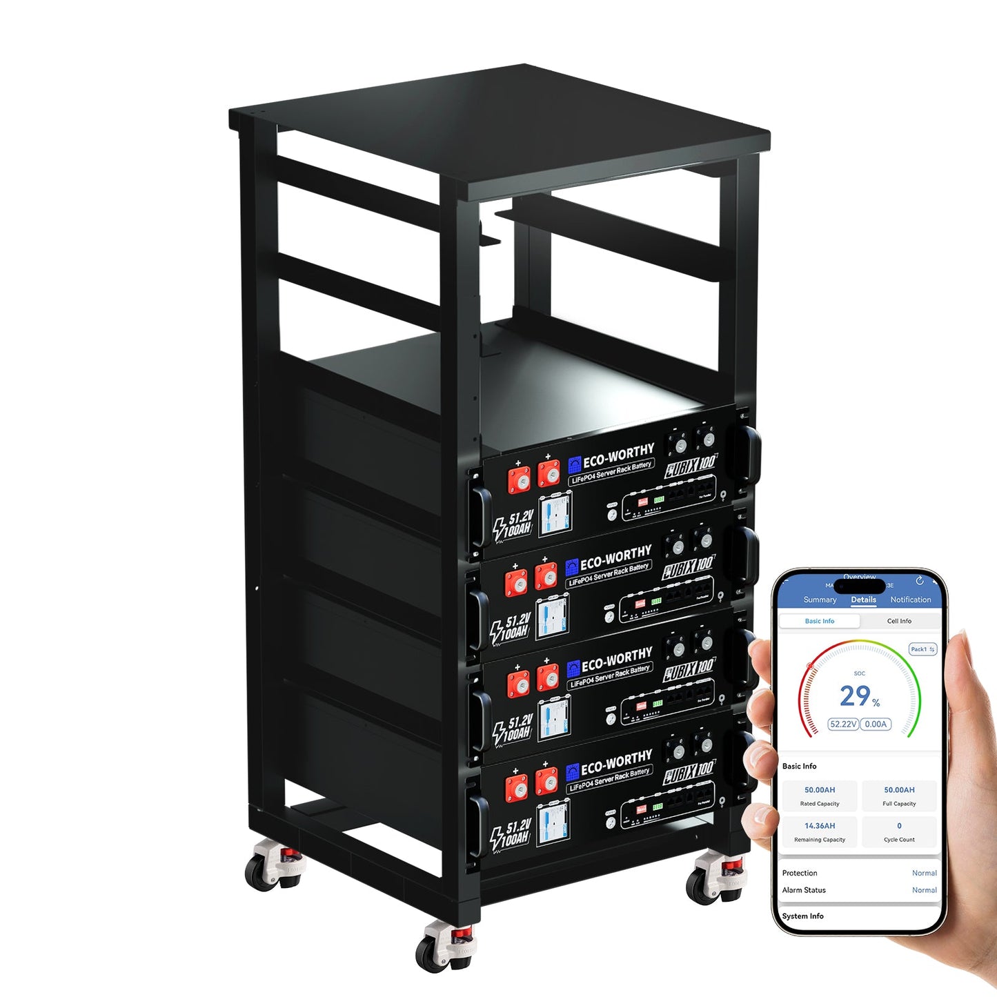 Black battery cart with Eco-Worthy Cubix 100 LiFePO4 Server Rack Battery and a smartphone displaying battery monitoring app.