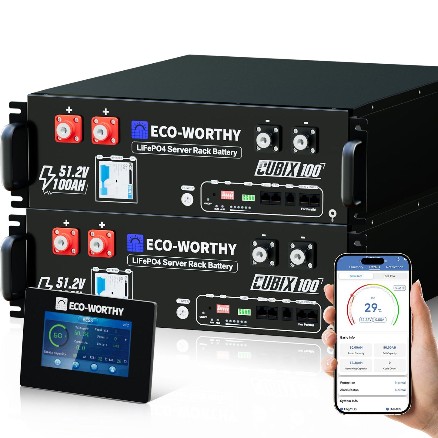 Eco-Worthy Cubix 100 LiFePO4 Server Rack Batteries with digital displays and smartphone app on a white background