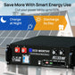 Battery system with solar panels and text about smart energy use and cost savings.
