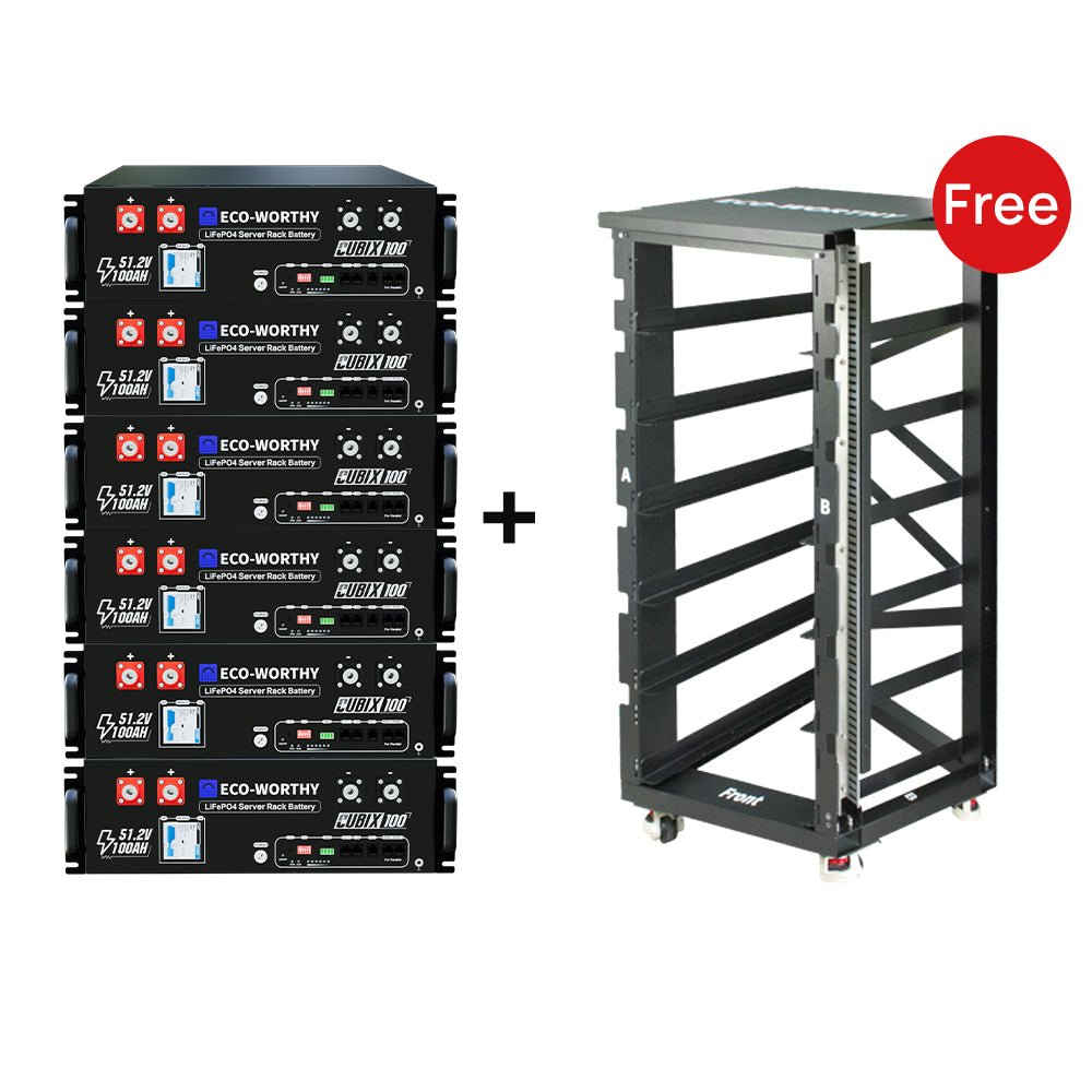 Stack of Eco-Worthy batteries with a free rack on a white background