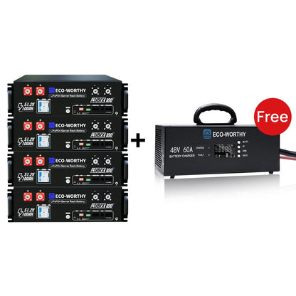 Two Eco-Worthy Cubix 100 LiFePO4 Server Rack Batteries with a free battery charger icon on a white background