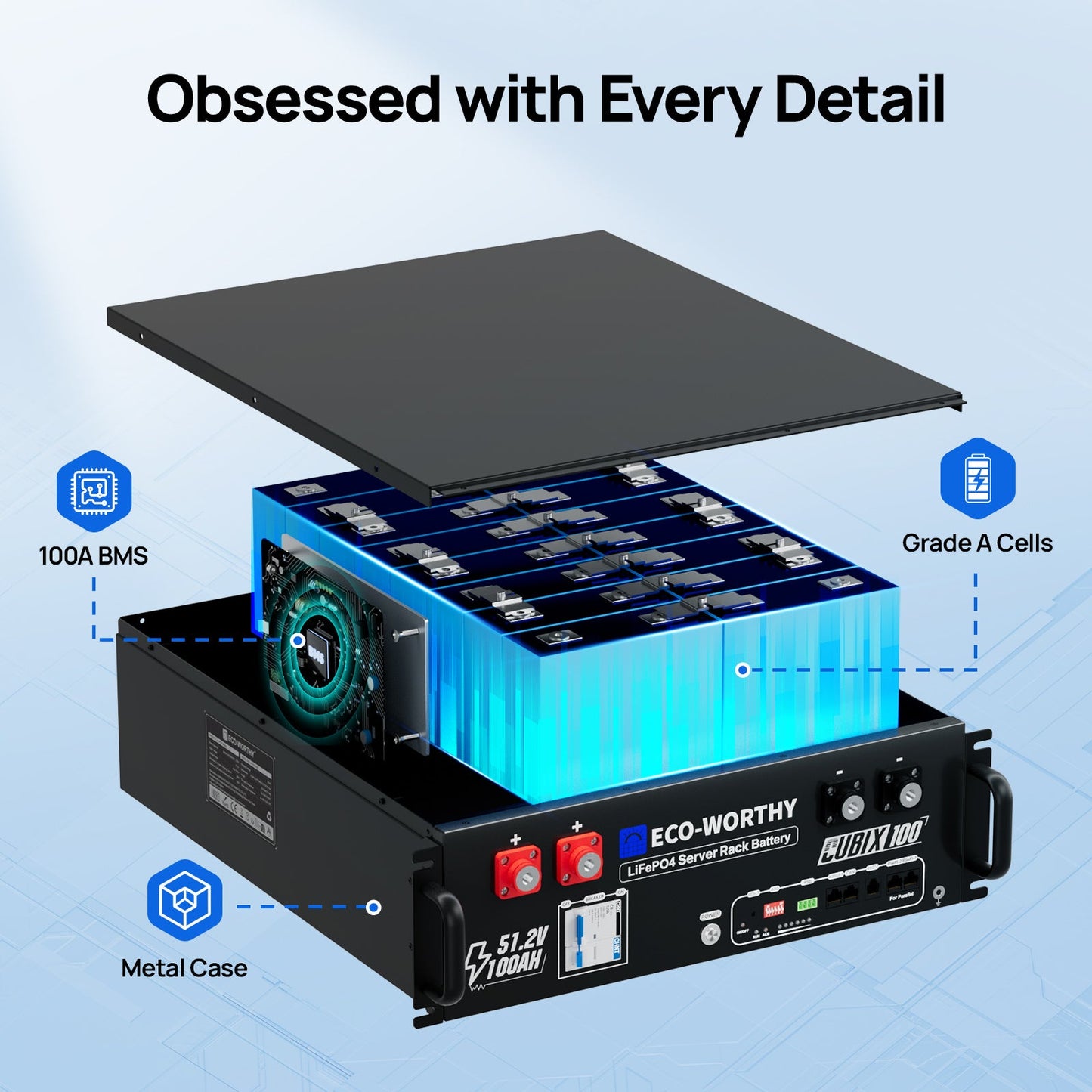 Battery pack with labeled features on a blue background