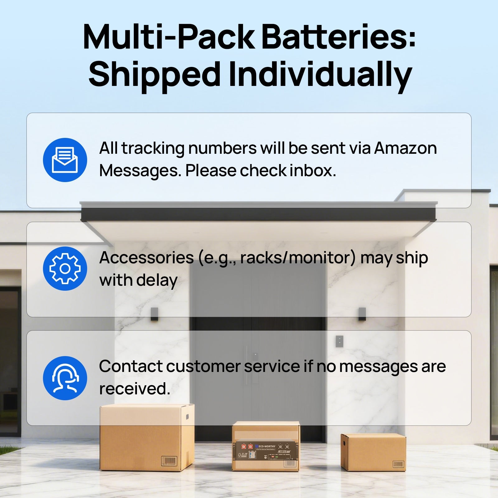 Multiple cardboard boxes on a sidewalk with text about battery packaging and tracking information.