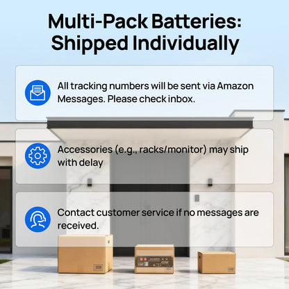 Multiple cardboard boxes on a sidewalk with text about battery packaging and tracking information.