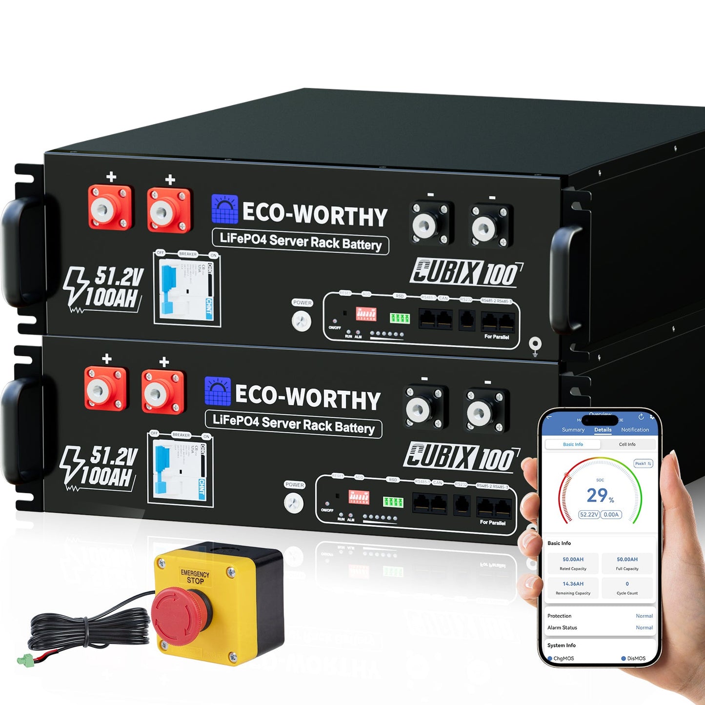 Two black Eco-Worthy CUBIX100 LIFEPO4 server rack batteries stacked vertically, with a yellow and black emergency stop button, a smartphone showing a battery monitoring app, and a white background.