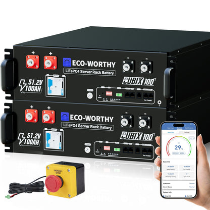Two black Eco-Worthy CUBIX100 LIFEPO4 server rack batteries stacked vertically, with a yellow and black emergency stop button, a smartphone showing a battery monitoring app, and a white background.