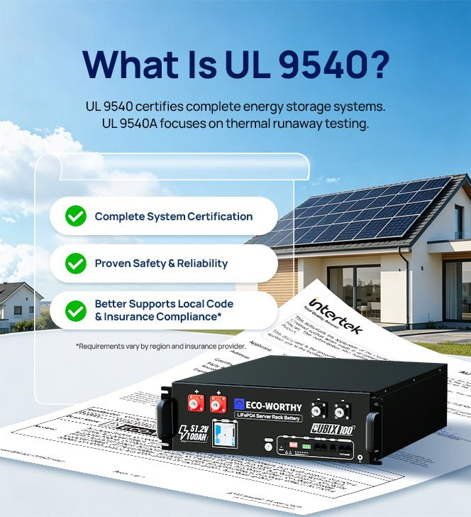 UL 9540-certified Eco-Worthy Solar Inverter Plus 48V battery system shown in front of a house with solar panels, with text explaining UL 9540 certification and three feature callouts.