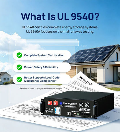 UL 9540-certified Eco-Worthy Solar Inverter Plus 48V battery system shown in front of a house with solar panels, with text explaining UL 9540 certification and three feature callouts.
