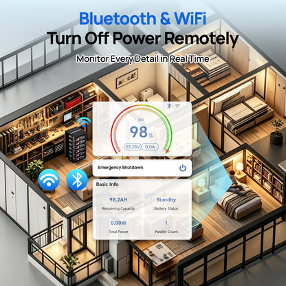 Smart home control interface with Bluetooth and WiFi icons over a modern house layout.