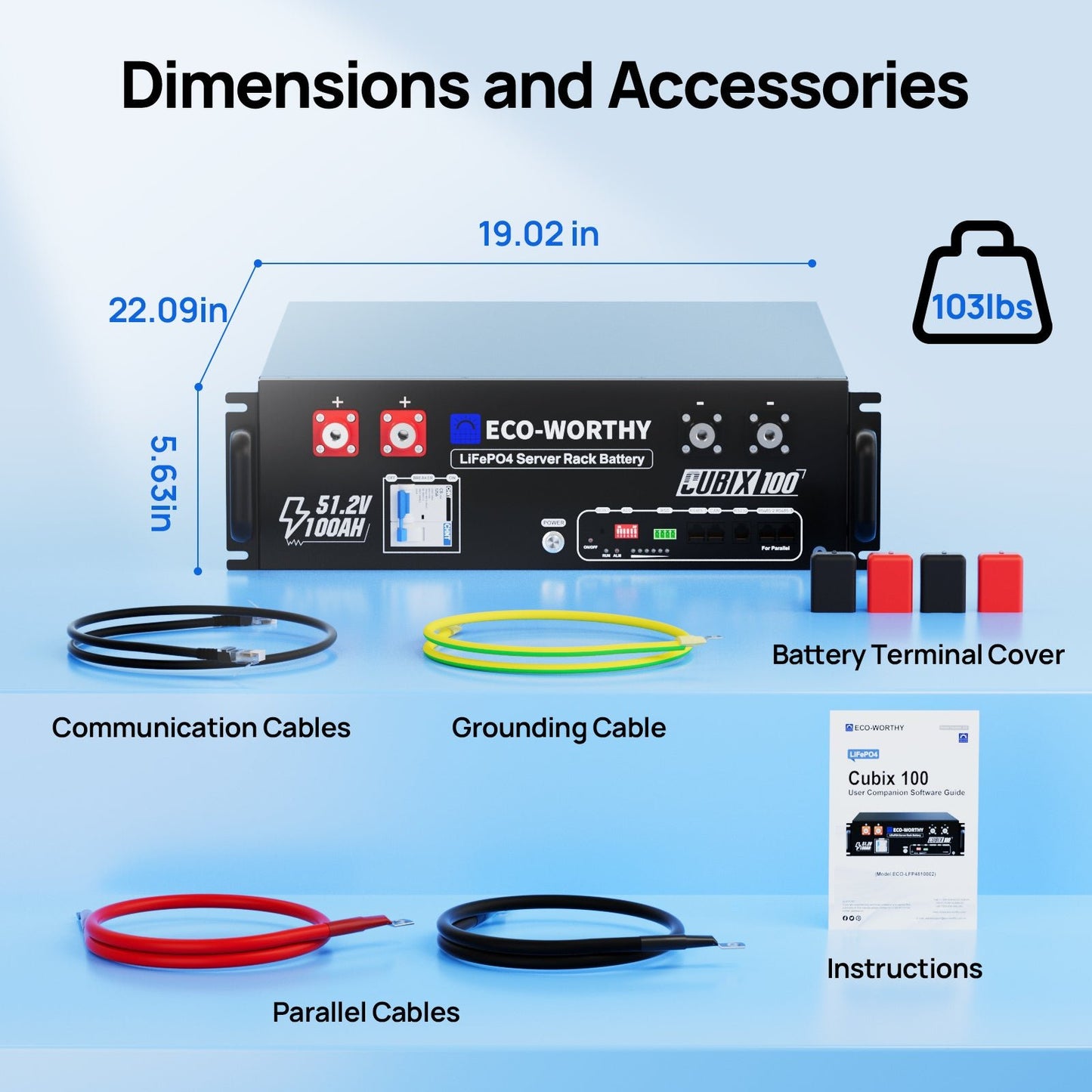ECO-WORTHY server rack battery with dimensions, accessories, and packaging on a blue background