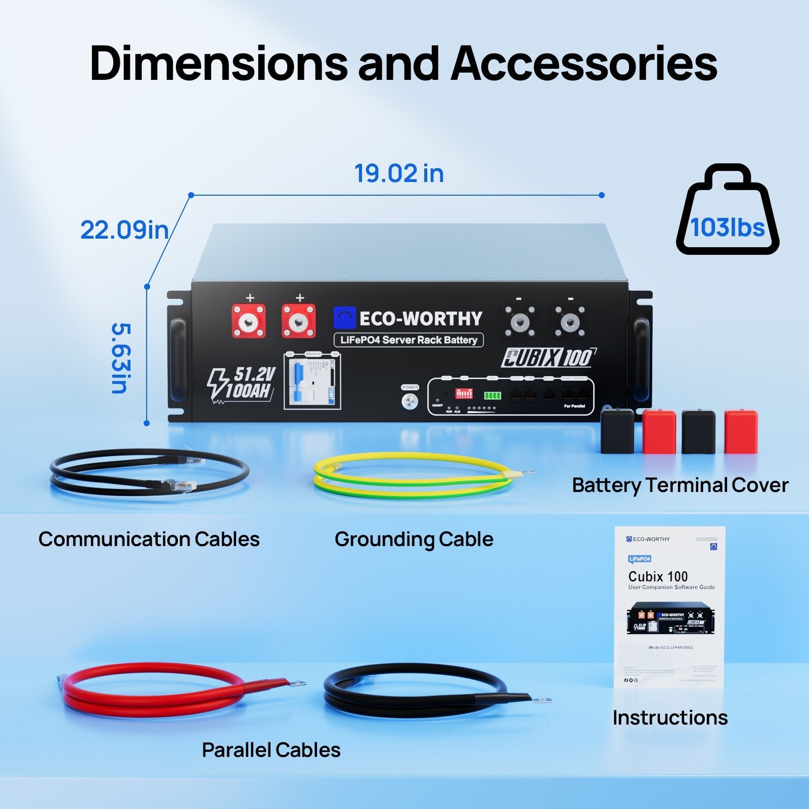 ECO-WORTHY server rack battery with dimensions, accessories, and packaging on a blue background