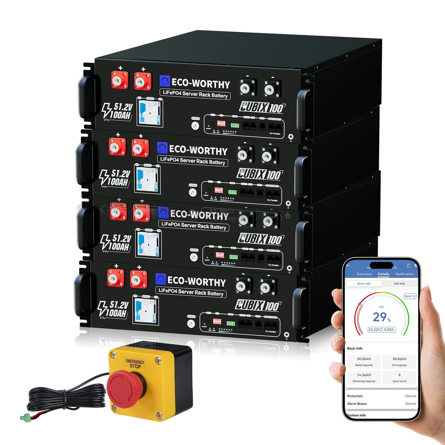 Four stacked black Eco-Worthy LiFePO4 server rack batteries shown with a yellow emergency stop switch, a smartphone displaying a battery monitoring app, and a clean white background.