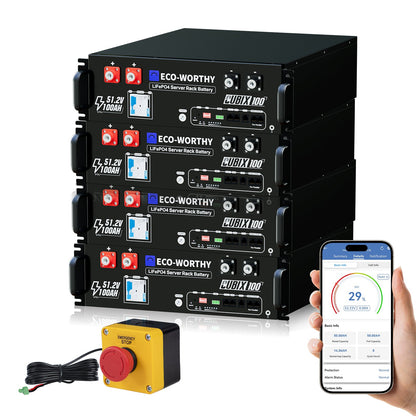 Four stacked black Eco-Worthy LiFePO4 server rack batteries shown with a yellow emergency stop switch, a smartphone displaying a battery monitoring app, and a clean white background.