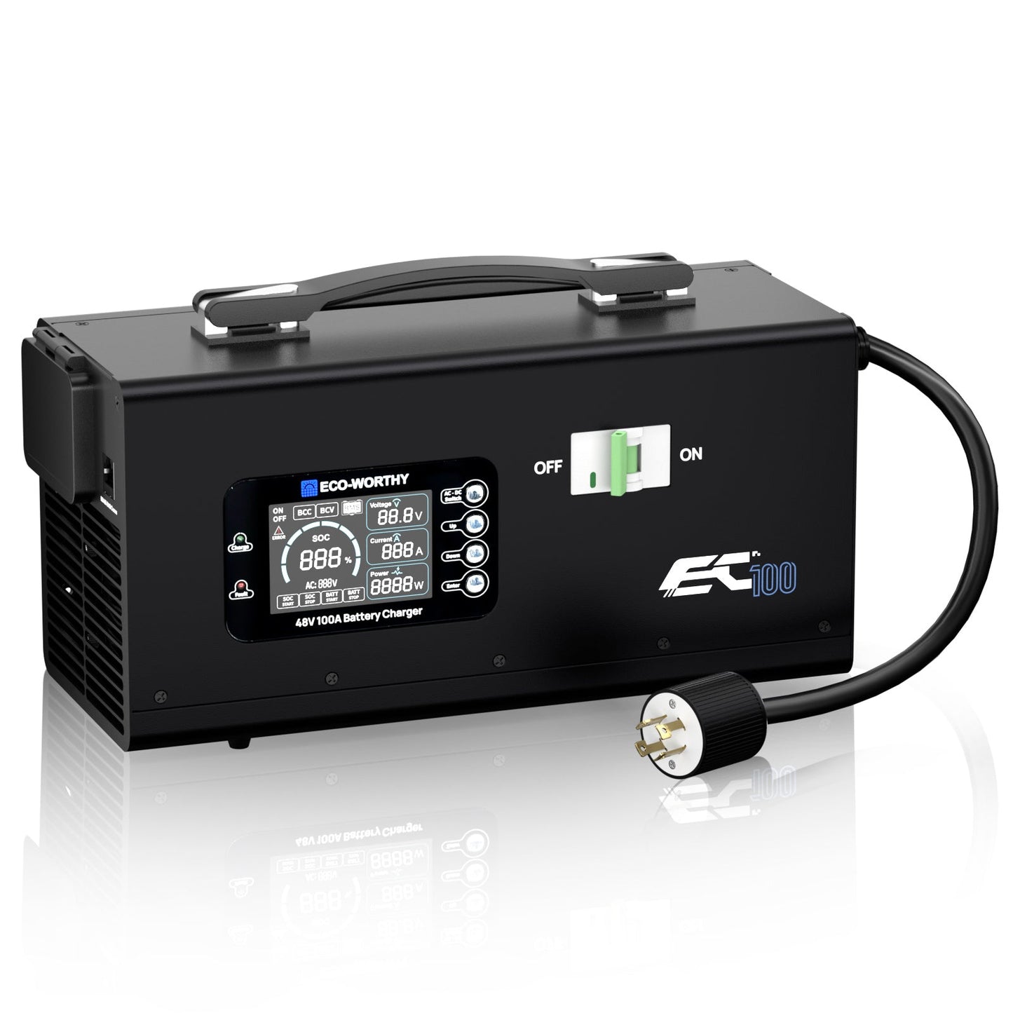 Black battery charger with digital display on a white background