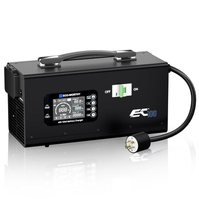 Black battery charger with digital display on a white background
