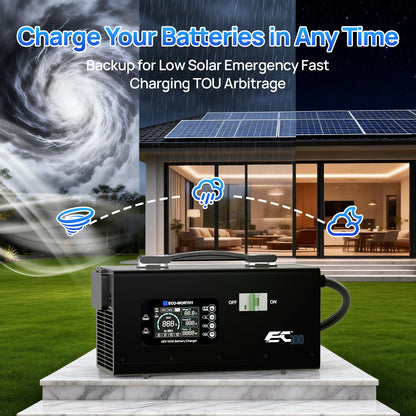 Battery backup system with solar panels and stormy weather background