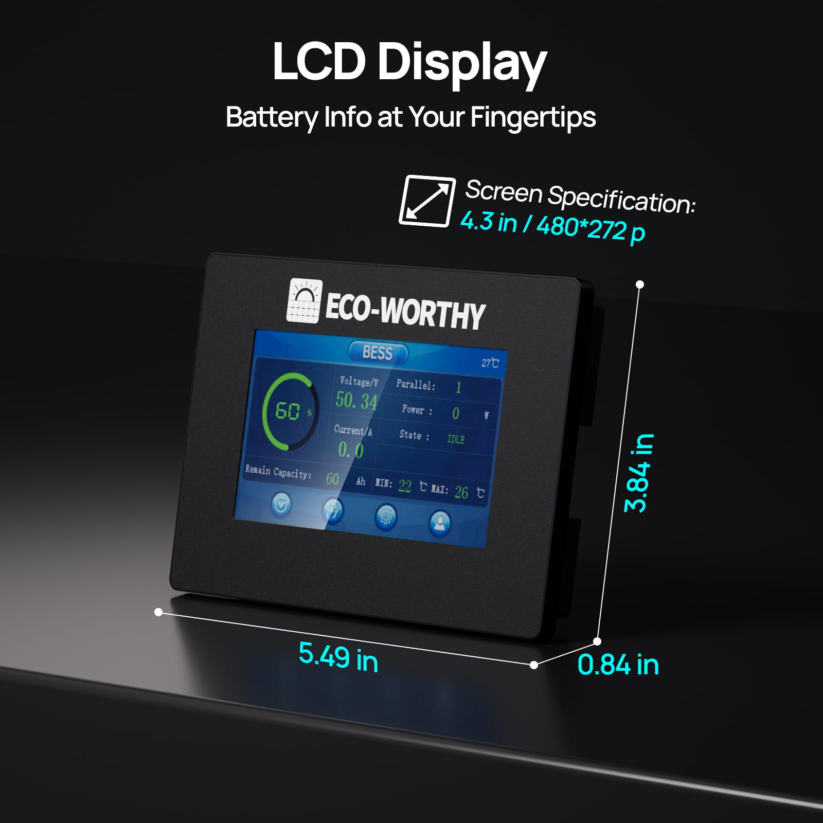ECO - WORTHY ESM100 Touchable Display Battery Monitor for 48V 100AH LiFePO4 Server Rack Battery(V3) - battery accessories