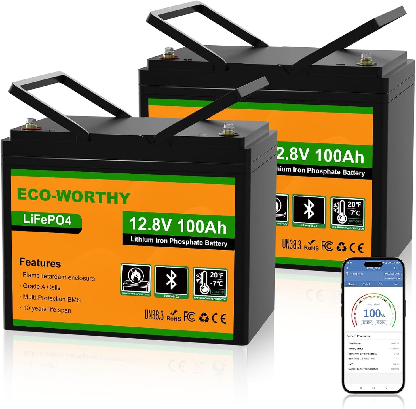 Two ECO-WORTHY 12V 100Ah lithium iron phosphate batteries with a smartphone displaying battery information on a white background.