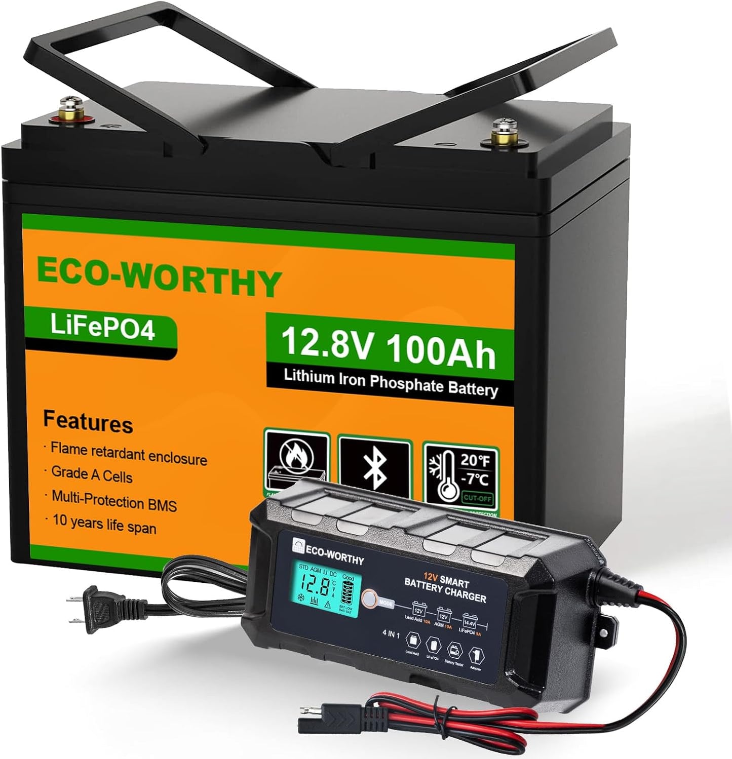 ECO-WORTHY 12V 100Ah lithium iron phosphate a 12V 10A battery with charger on a white background