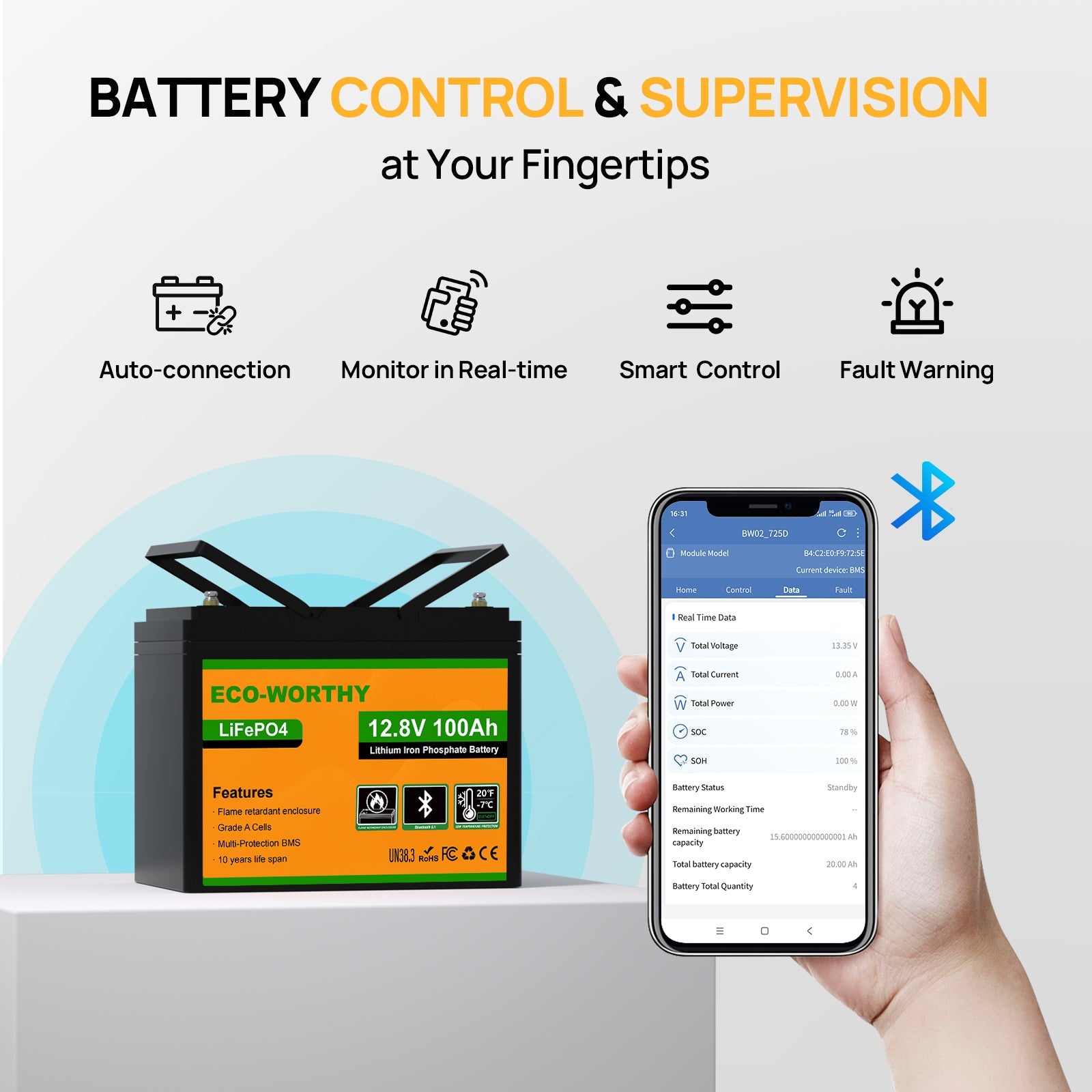 Battery control system with smartphone app and battery on a white background