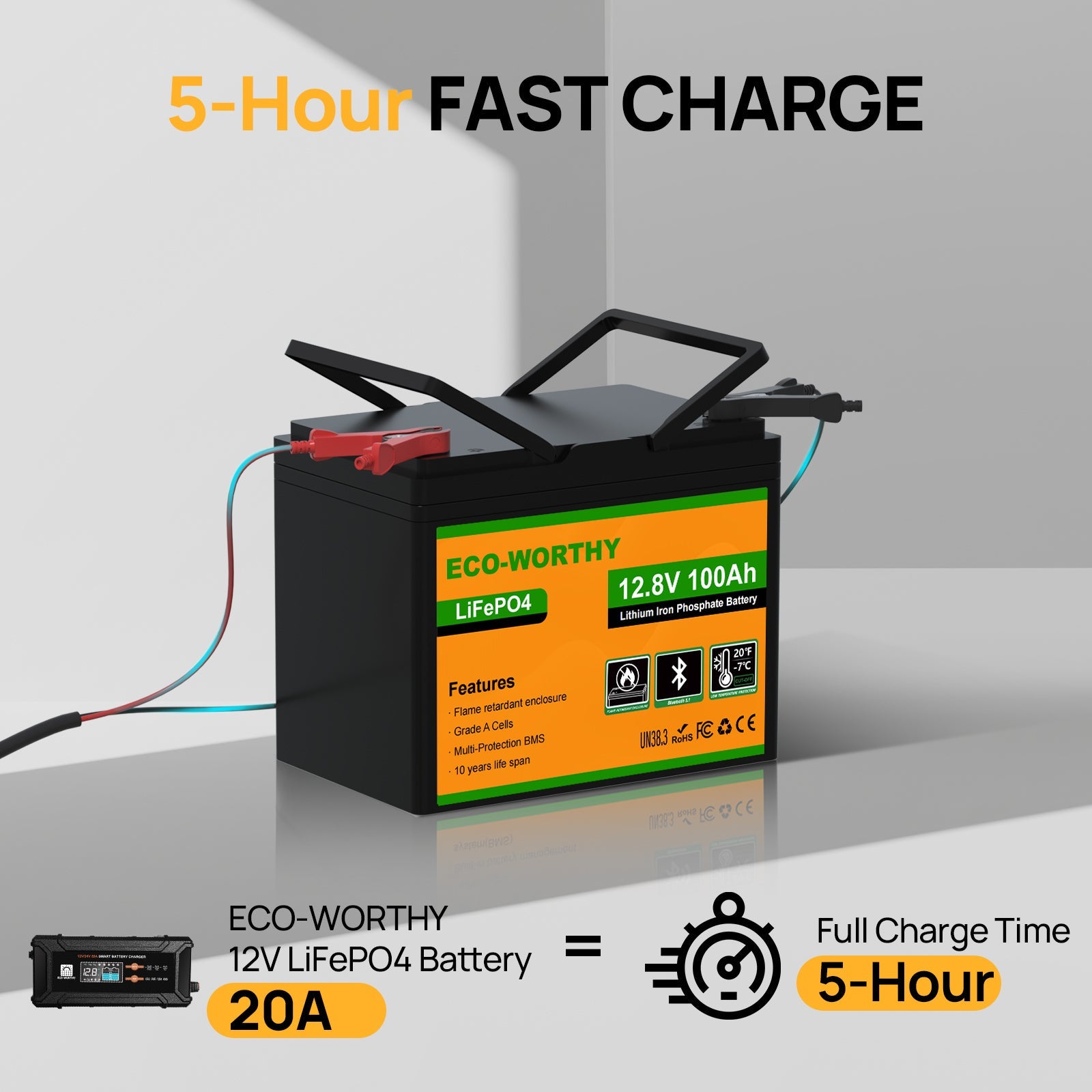 ECO-WORTHY lithium iron phosphate battery with charging cables on a gray background