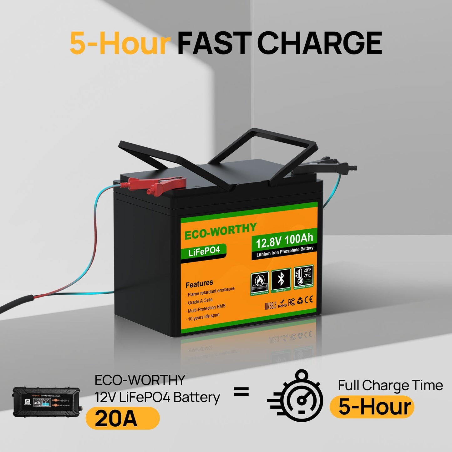 ECO-WORTHY lithium iron phosphate battery with charging cables on a gray background