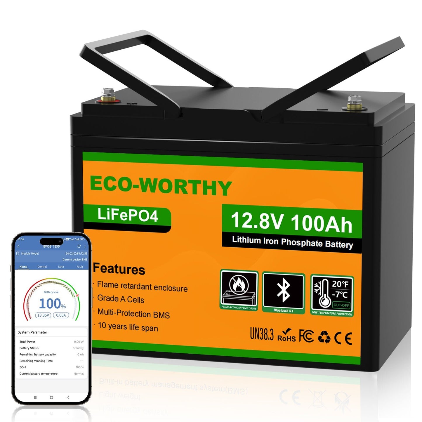 ECO-WORTHY lithium iron phosphate battery with smartphone displaying app interface on a white background