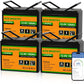 Four Eco-Worthy lithium iron phosphate batteries with a smartphone displaying battery information.