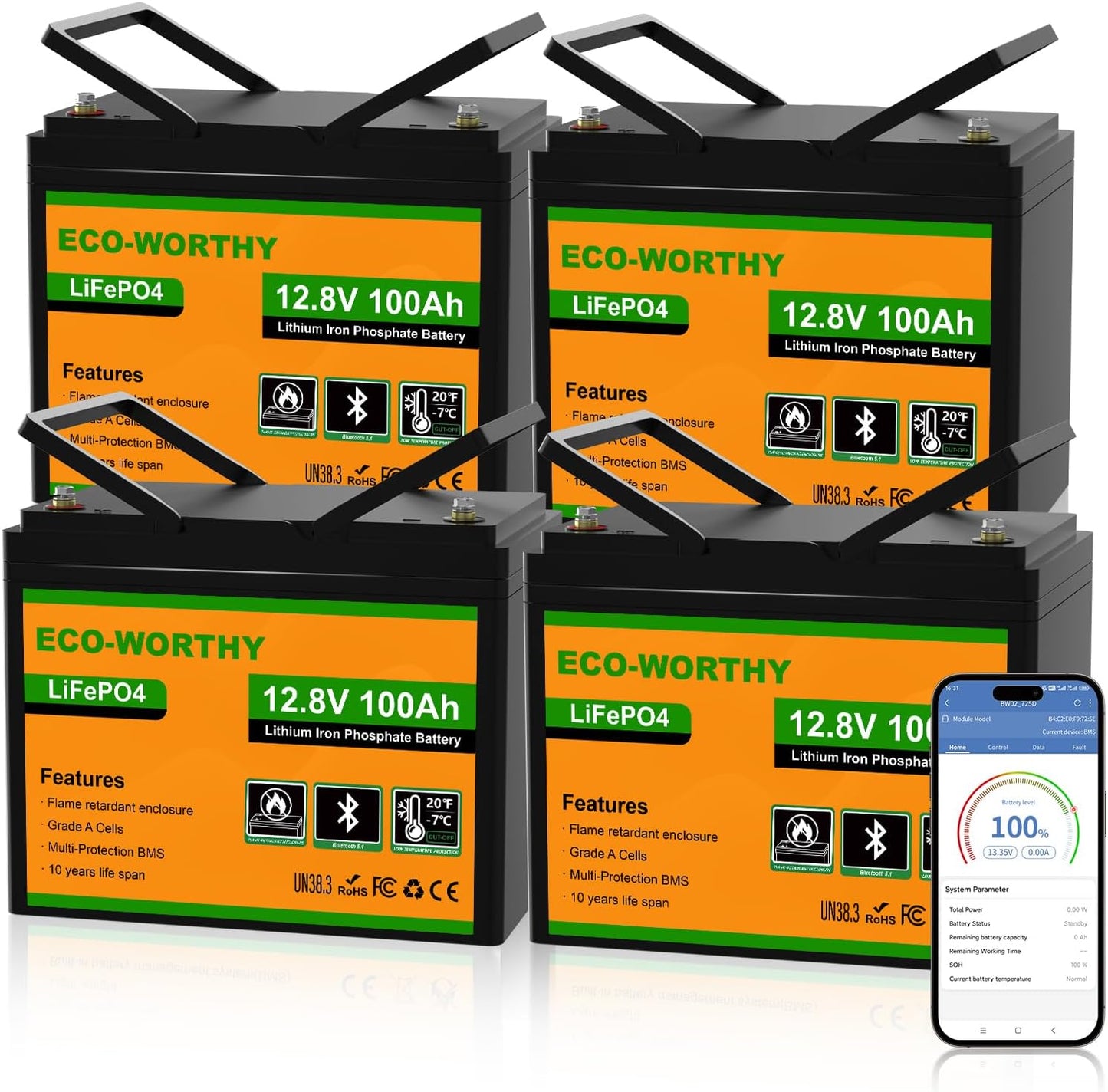 Four Eco-Worthy lithium iron phosphate batteries with a smartphone displaying battery information.