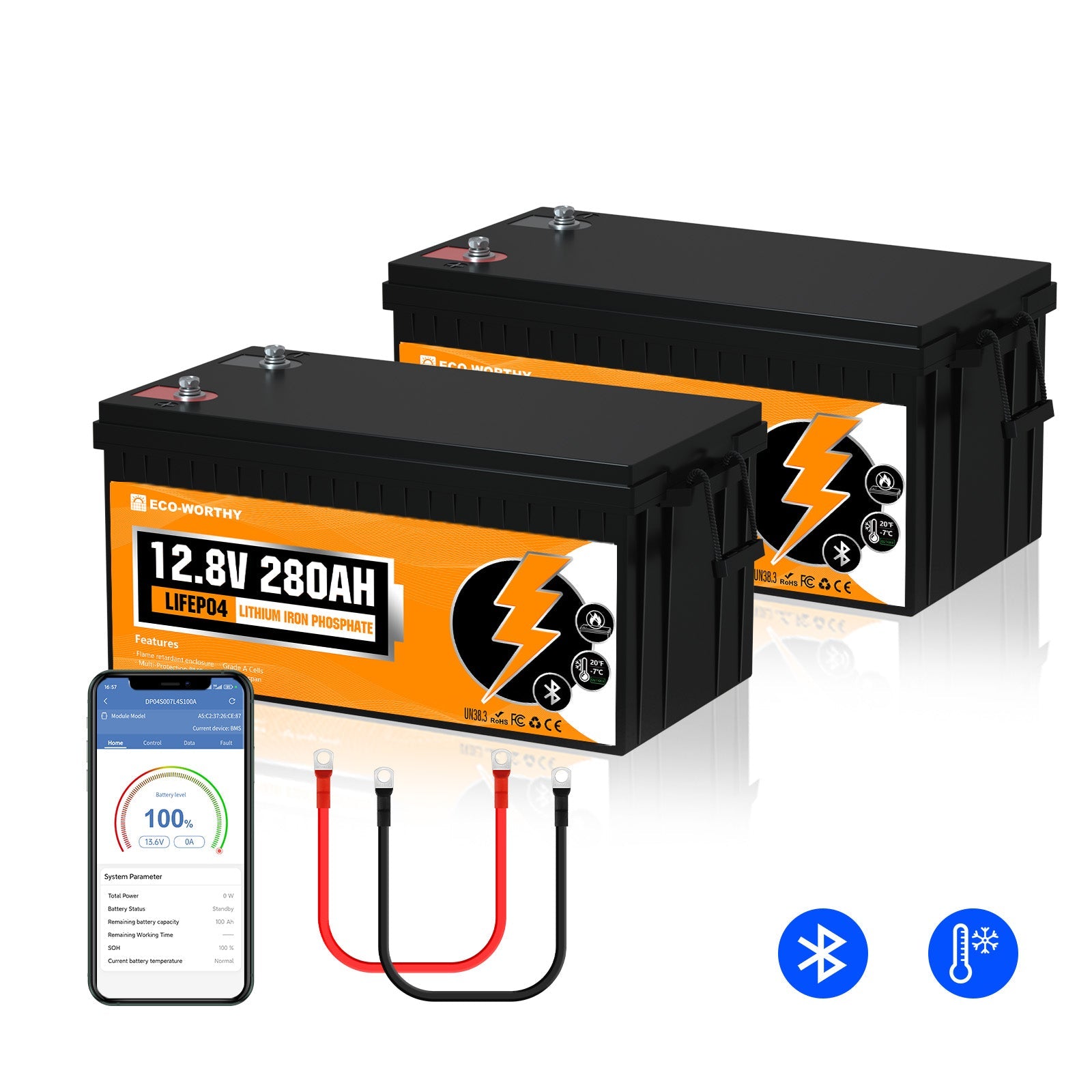 Two 12V 280Ah batteries with a smartphone displaying battery information on a white background