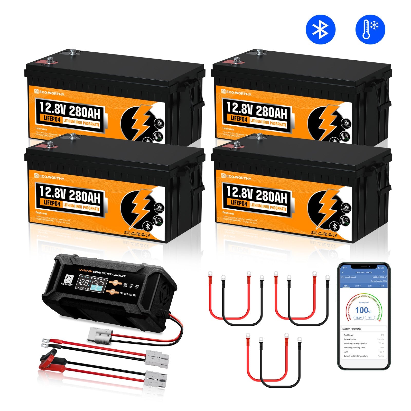 Four 12.8V 280Ah batteries with connectors and a smartphone app on a white background