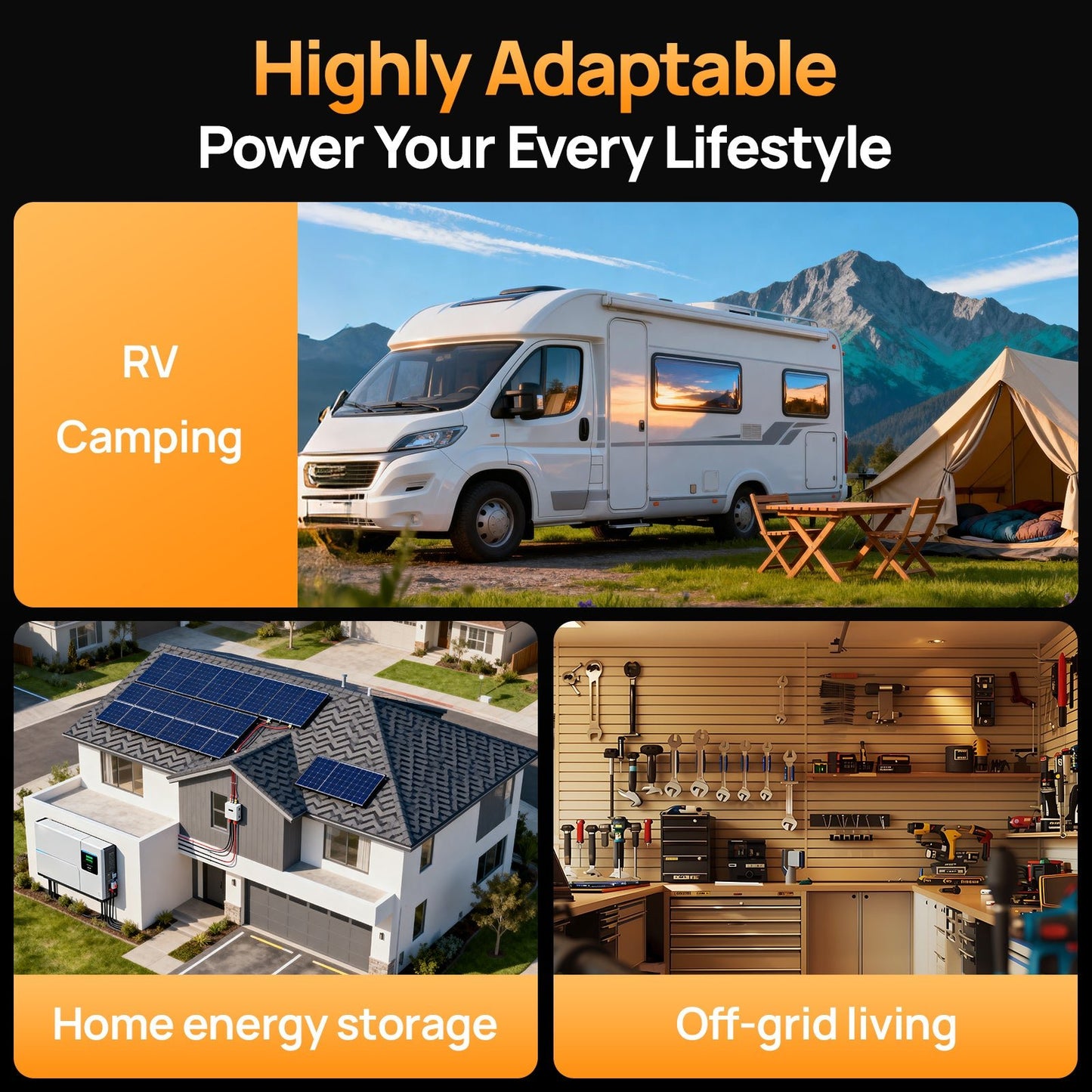 Collage of RV camping, home energy storage, and off-grid living with text 'Highly Adaptable Power Your Every Lifestyle'.