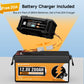 Battery and charger with promotional text on a blue background