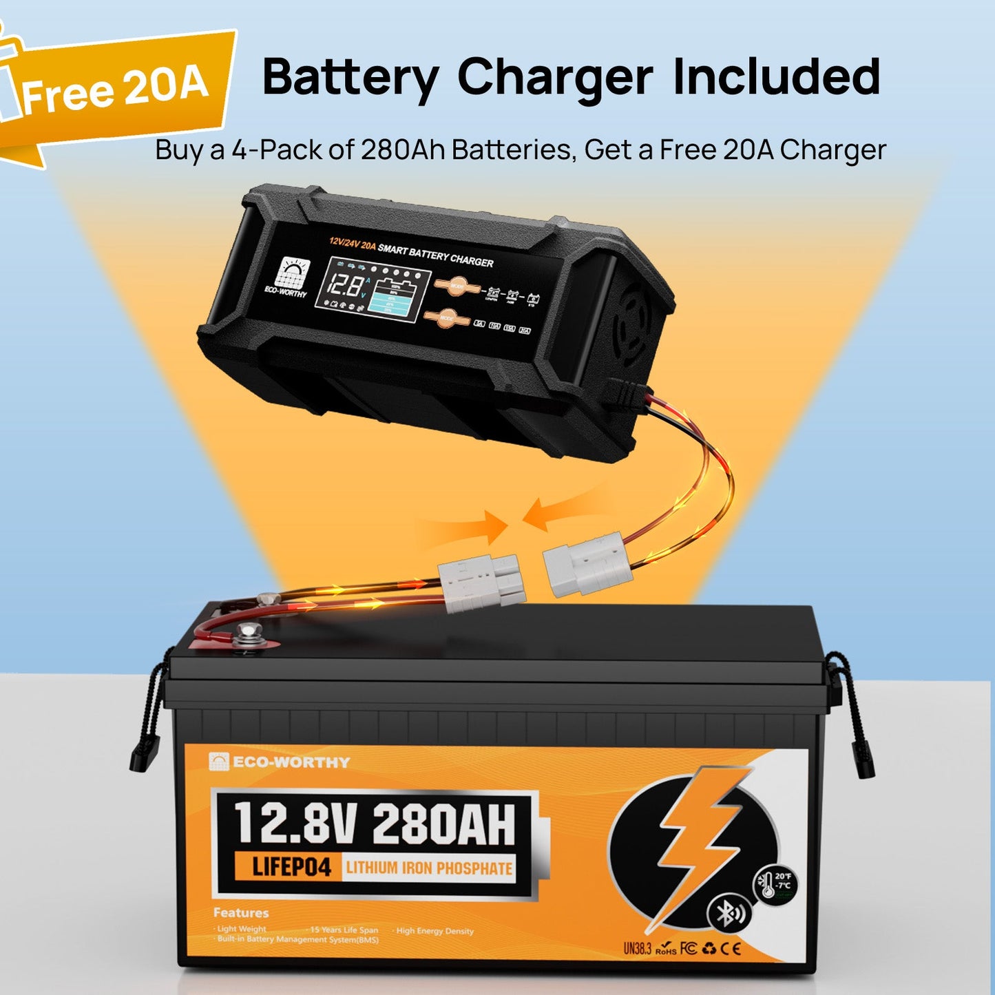 Battery and charger with promotional text on a blue background