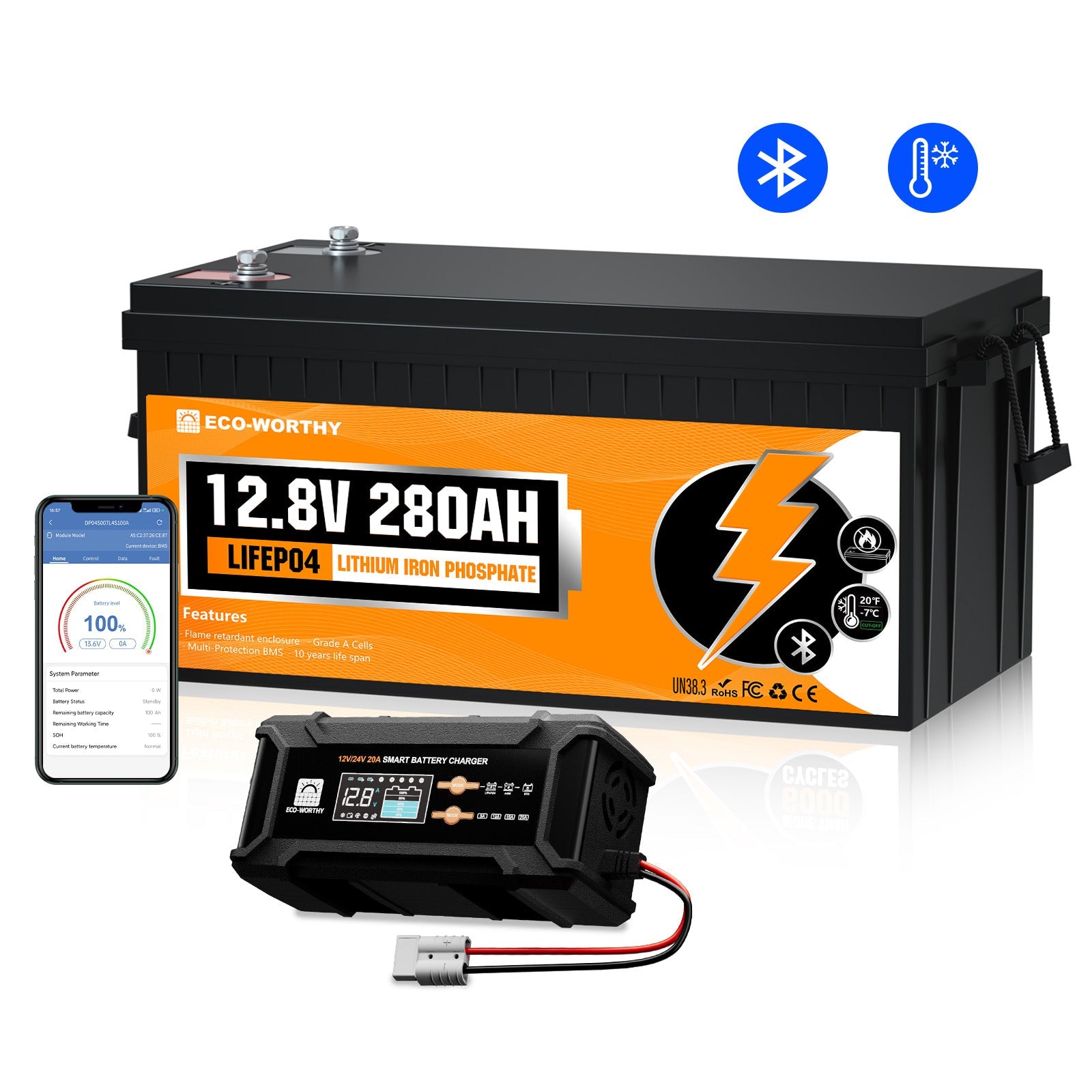 Eco-Worthy lithium iron phosphate battery with charging device on a white background