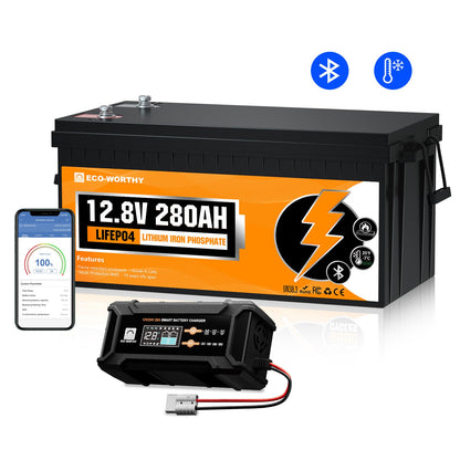 Eco-Worthy lithium iron phosphate battery with charging device on a white background