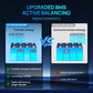 Comparison chart of upgraded BMS active balancing versus passive balancing on a dark blue background.